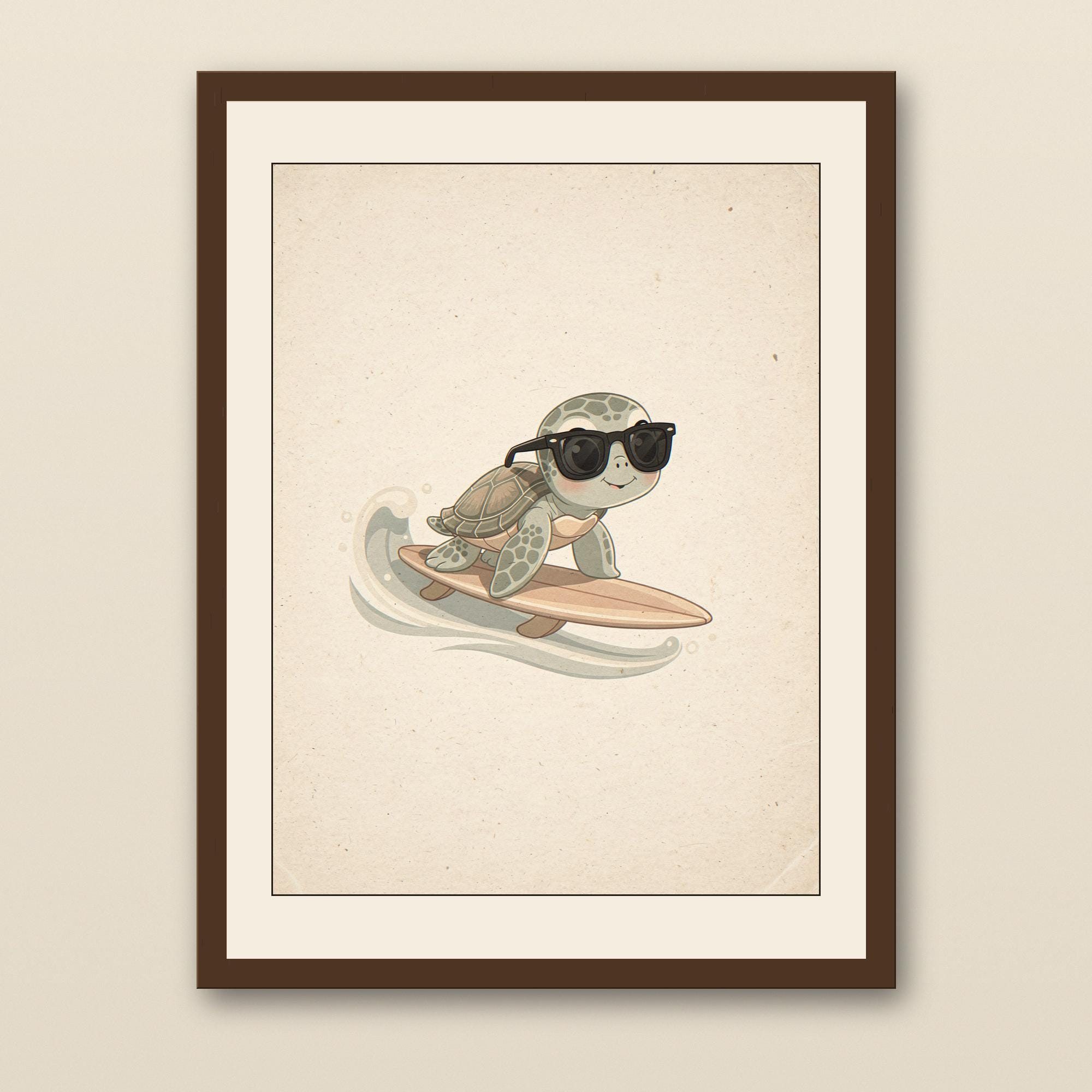 Sea Turtle Surfing Print - walnut framed art print with cream mat on plaster wall