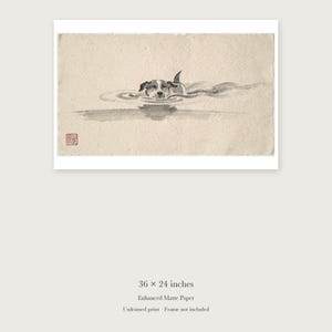 Swimming Dog Xieyi Ink unframed 36 by 24 inch print on enhanced matte paper, shown with its white paper border.