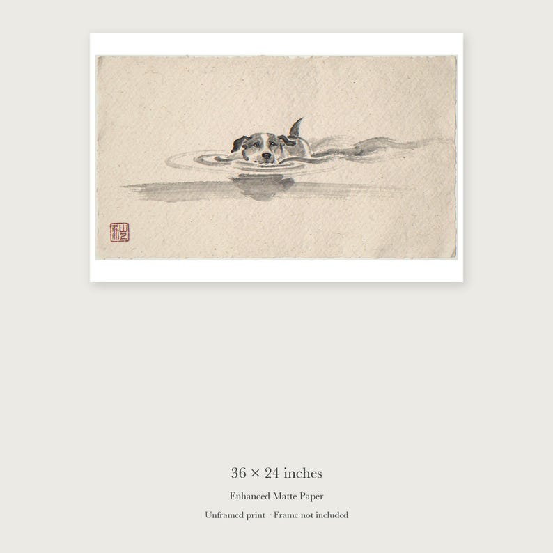 Swimming Dog Xieyi Ink unframed 36 by 24 inch print on enhanced matte paper, shown with its white paper border.