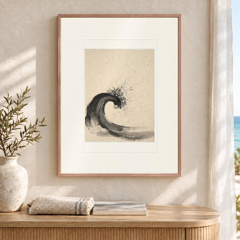 Curling Wave Ink Style Art Print, Framed or Unframed Minimalist Ocean Poster image 12