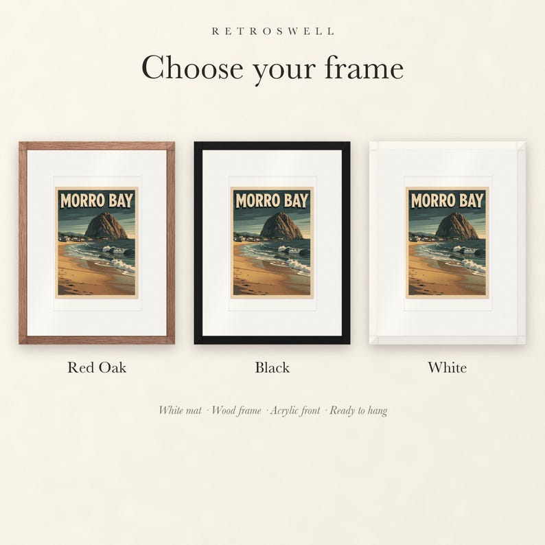 Frame options for Morro Bay Surf: Red Oak, black and white wood frames, each with a white mat.