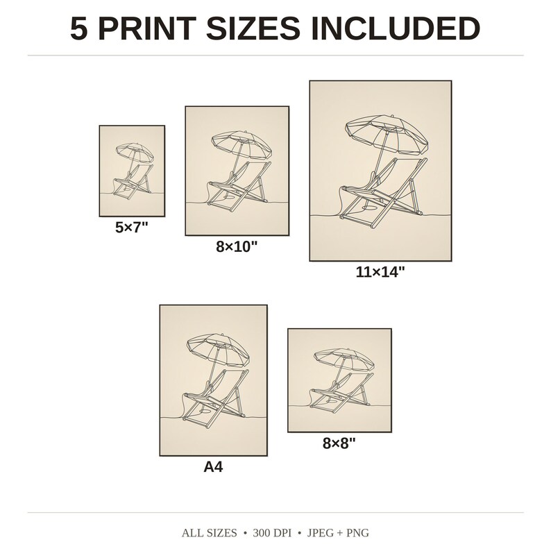 Boho Beach Chair and Umbrella Line Art - available print sizes: 5x7, 8x10, 11x14, A4, and square