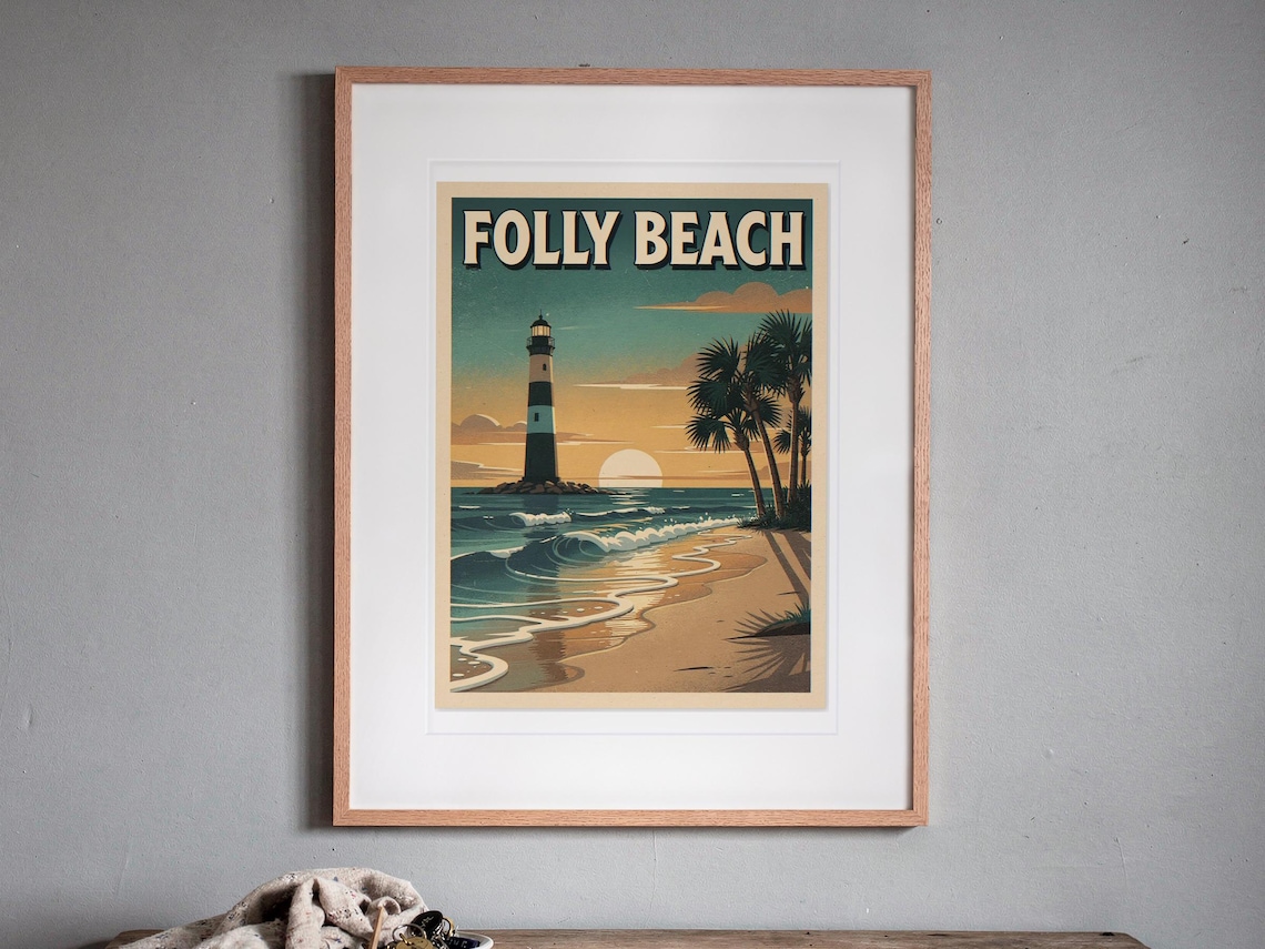 Folly Beach Surf Travel Poster print in a Red Oak frame with a white mat, hanging above the console in a hallway.