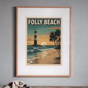 Folly Beach Surf Travel Poster print in a Red Oak frame with a white mat, hanging above the console in a hallway.