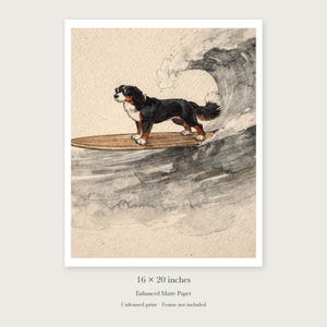 Bernese Mountain Dog Surfing unframed 16 by 20 inch print on enhanced matte paper, shown with its white paper border.