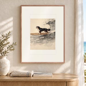 Lámina artística de perro de montaña bernés surfeando, póster de perro estilo acuarela con o sin marco. imagen 12