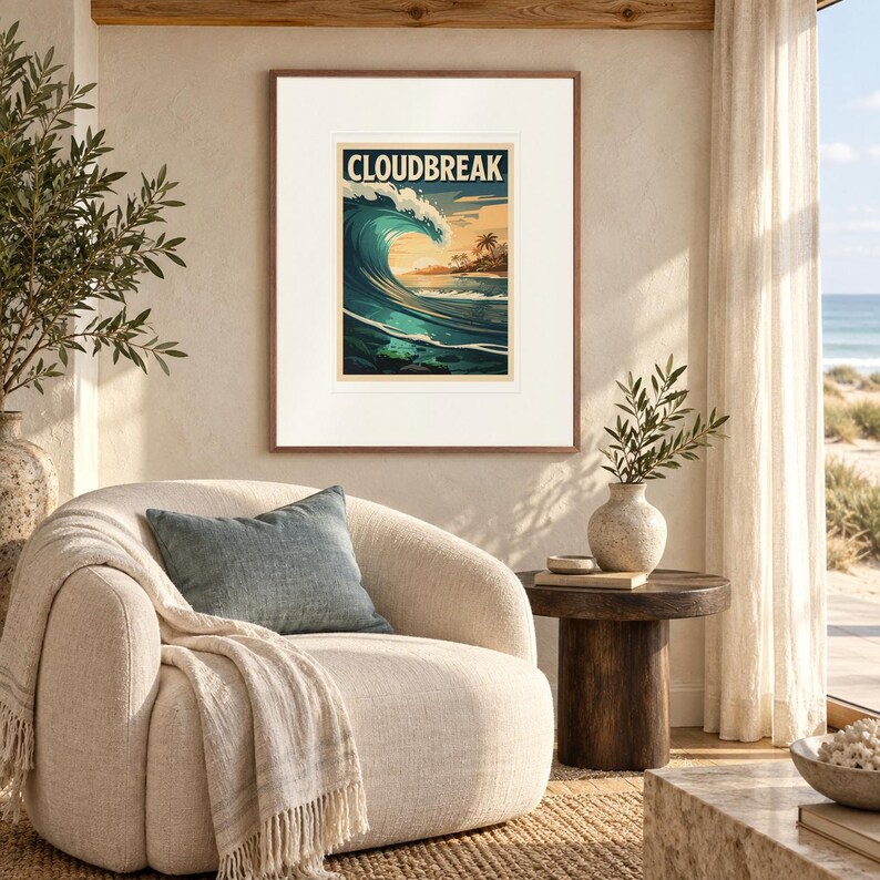 Cloudbreak Surf print in a Red Oak frame with a white mat in a light-filled coastal sitting room.