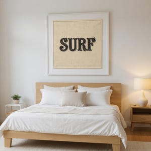 Surf Embroidered Patch Print framed in a modern bedroom setting