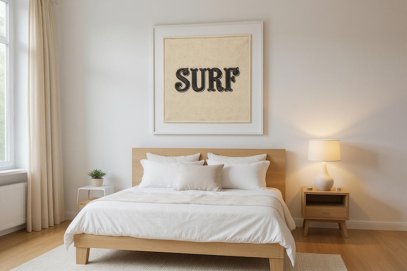 Surf Embroidered Patch Print framed in a modern bedroom setting