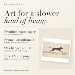 RetroSwell print details for Dog Running on the Beach Xieyi Ink: premium 189 g/m² matte paper, framed or unframed, oak hanger option, free US shipping.