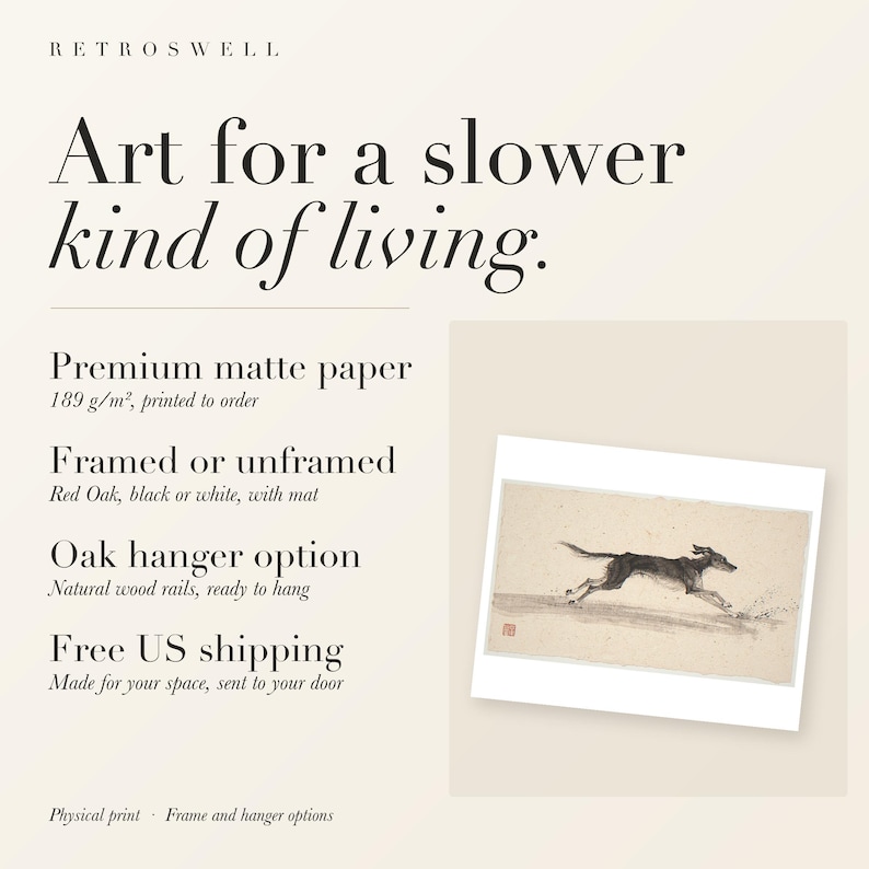 RetroSwell print details for Dog Running on the Beach Xieyi Ink: premium 189 g/m² matte paper, framed or unframed, oak hanger option, free US shipping.