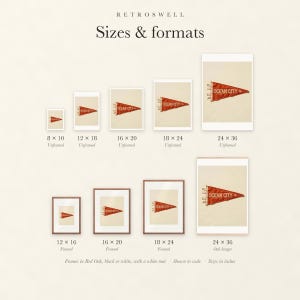 Sizes and formats for Ocean City, Maryland Surf Pennant, shown to scale: unframed prints from 8 by 10 to 24 by 36 inches, oak hanger and framed prints.
