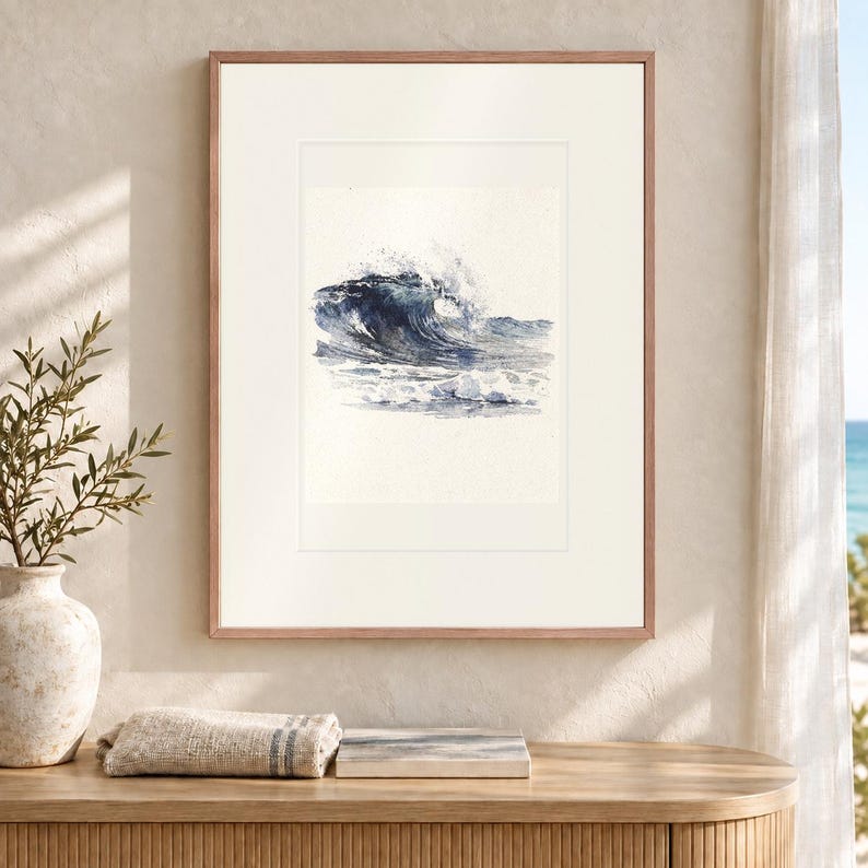 Rolling Break Wave Watercolor Art Print, Framed or Unframed Indigo Ocean Poster image 12