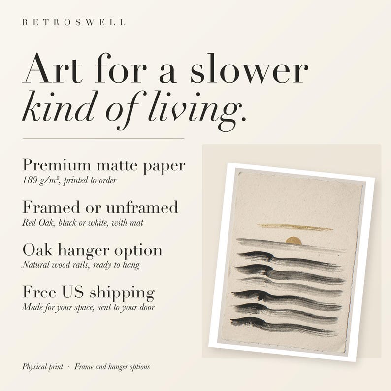 RetroSwell print details for Layered Waves Ink Style: premium 189 g/m² matte paper, framed or unframed, oak hanger option, free US shipping.