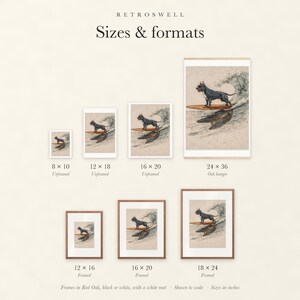Sizes and formats for Pit Bull Surfing, shown to scale: unframed prints, oak hanger and framed prints.