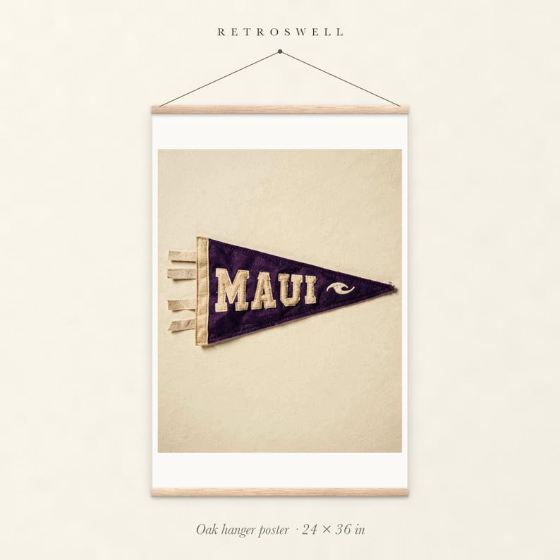 Maui Surf Pennant oak hanger poster, 24 by 36 inches, with natural wood rails and a hanging cord.