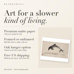 RetroSwell print details for Leaping Dolphin Xieyi Ink: premium 189 g/m² matte paper, framed or unframed, oak hanger option, free US shipping.