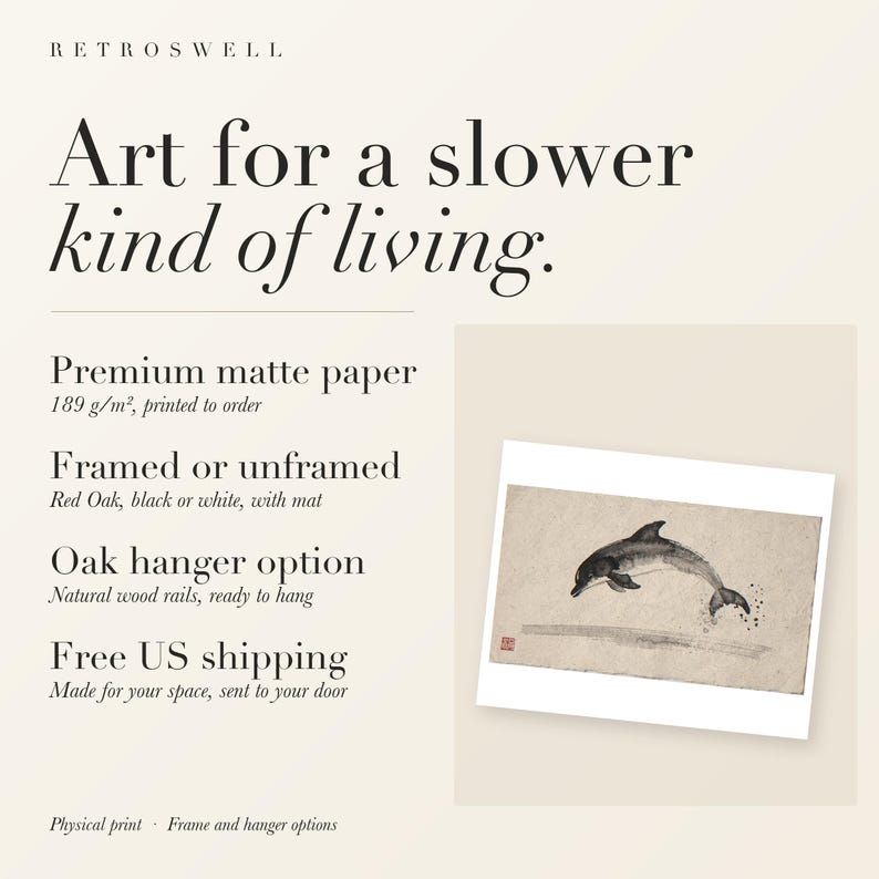 RetroSwell print details for Leaping Dolphin Xieyi Ink: premium 189 g/m² matte paper, framed or unframed, oak hanger option, free US shipping.