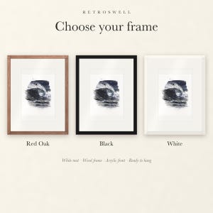 Frame options for Moonlit Wave Watercolor: Red Oak, black and white wood frames, each with a white mat.