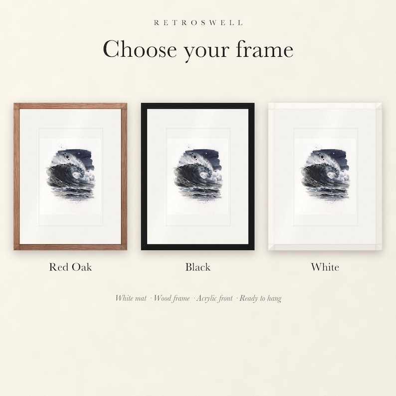 Frame options for Moonlit Wave Watercolor: Red Oak, black and white wood frames, each with a white mat.