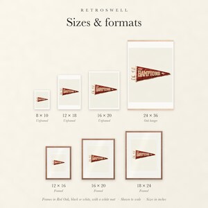 Sizes and formats for The Hamptons, New York Surf Pennant, shown to scale: unframed prints, oak hanger and framed prints.
