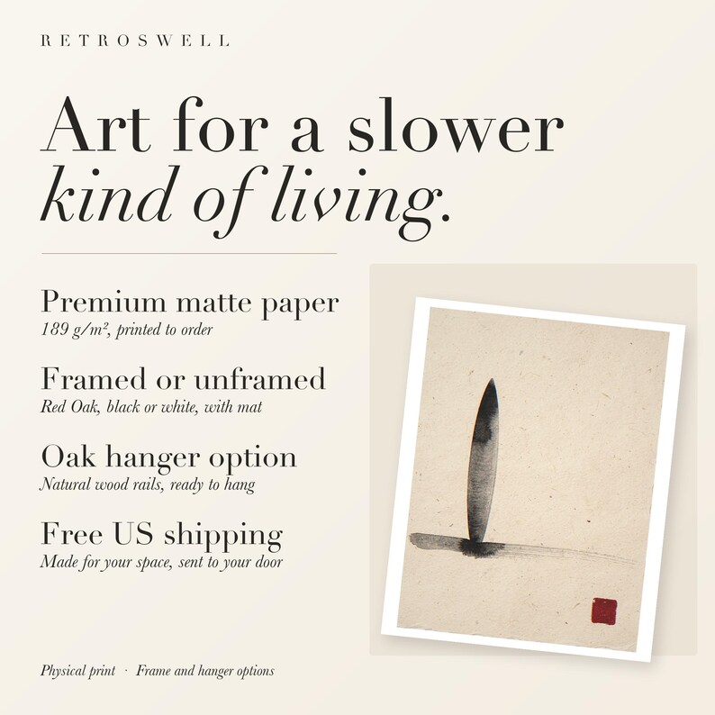 RetroSwell print details for Longboard Ink Style: premium 189 g/m² matte paper, framed or unframed, oak hanger option, free US shipping.