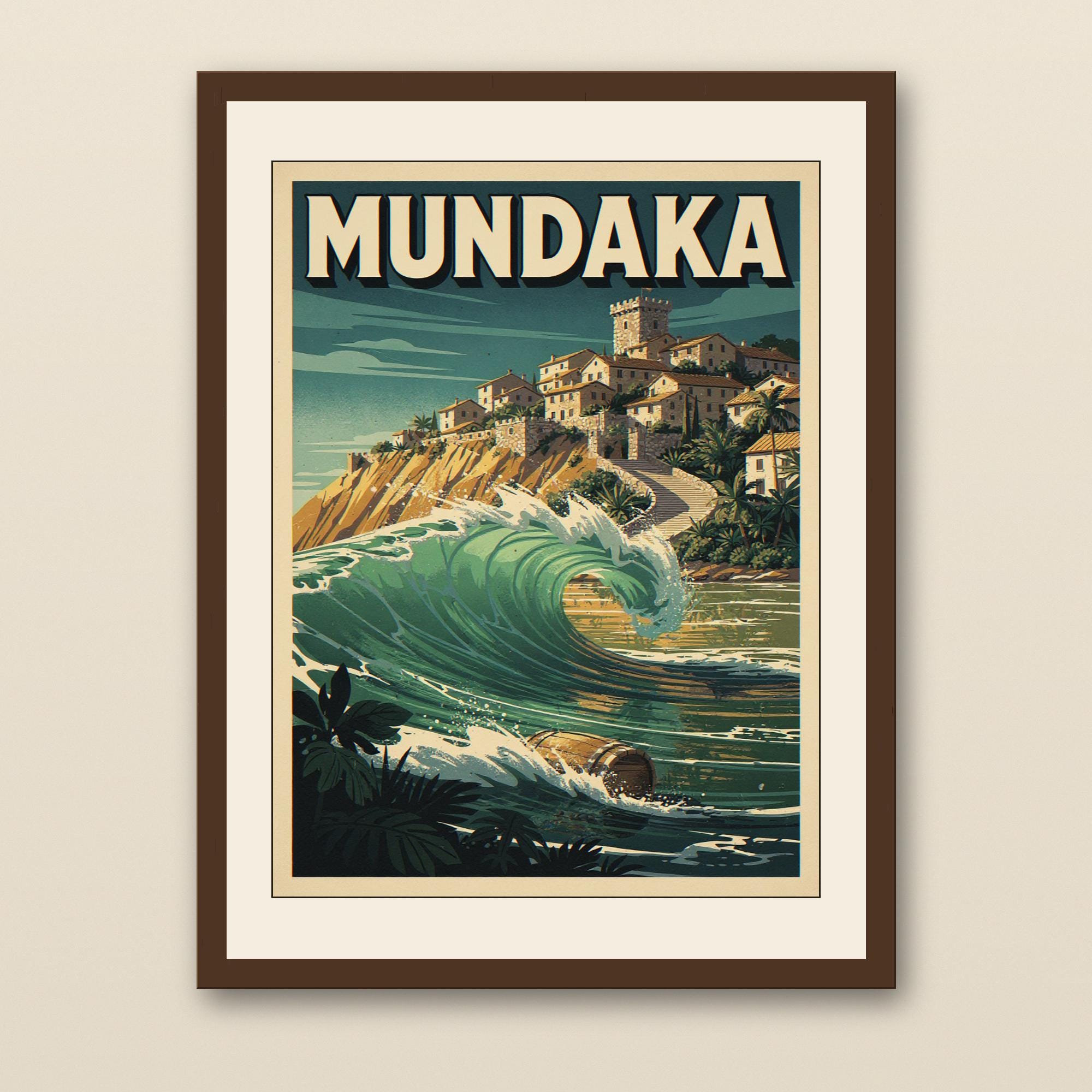Mundaka Spain Surf Poster - walnut framed art print with cream mat on plaster wall