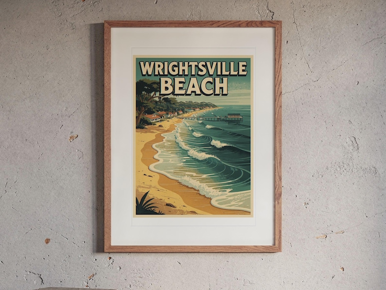 Wrightsville Beach Surf Travel Poster print in a Red Oak frame with a white mat, hanging above the credenza in a mid-century living room.