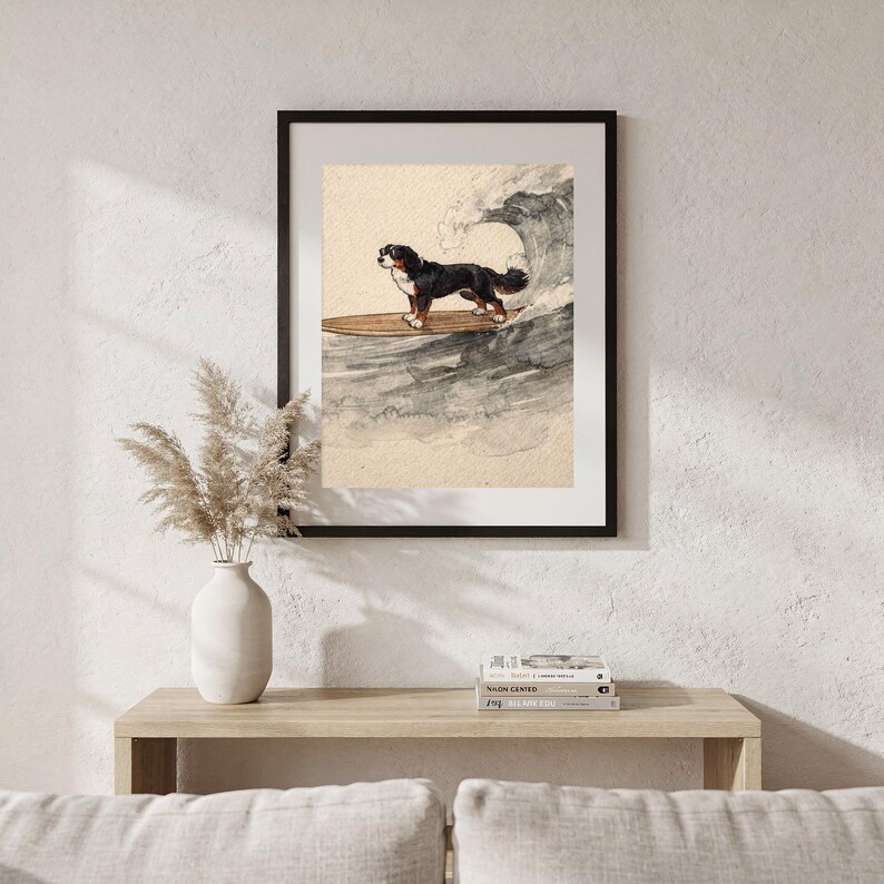 Bernese Mountain Dog Surfing Print | Watercolor Dog Wall Art | Coastal Beach Decor | Printable Download | Berner Gift image 5