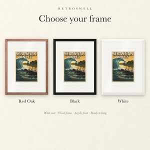 Frame options for Sebastian Inlet Surf: Red Oak, black and white wood frames, each with a white mat.