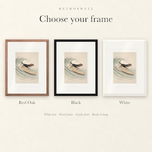 Frame options for Beagle Surfing: Red Oak, black and white wood frames, each with a white mat.