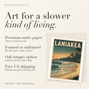 RetroSwell print details for Laniakea Surf: premium 189 g/m² matte paper, framed or unframed, oak hanger option, free US shipping.