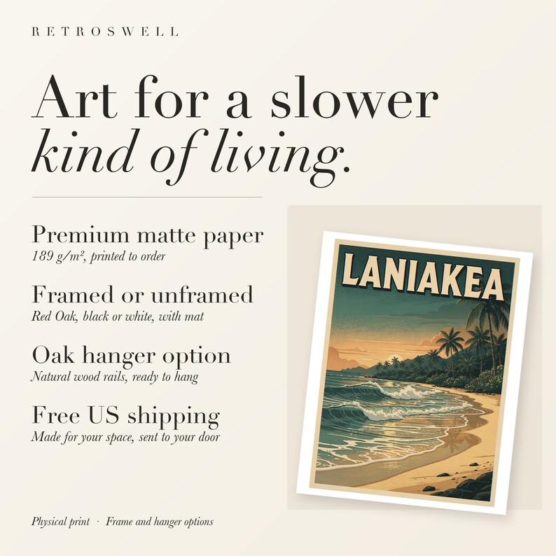 RetroSwell print details for Laniakea Surf: premium 189 g/m² matte paper, framed or unframed, oak hanger option, free US shipping.