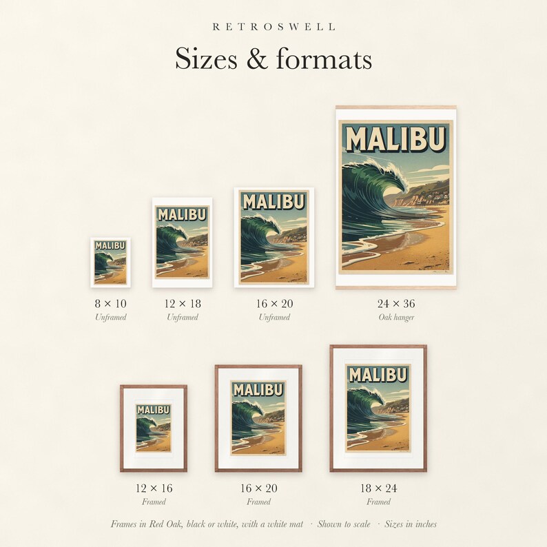 Sizes and formats for Malibu Surf, shown to scale: unframed prints, oak hanger and framed prints.