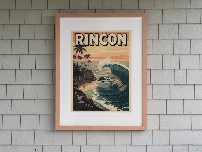 Rincon Surf Travel Poster print in a Red Oak frame with a white mat, hanging above the bench in a screened beach porch.