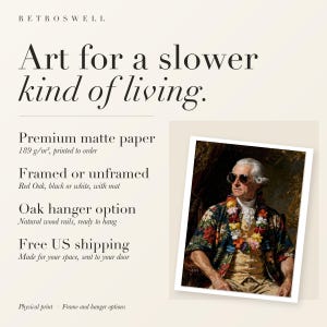 RetroSwell print details for John Adams: premium 189 g/m² matte paper, framed or unframed, oak hanger option, free US shipping.