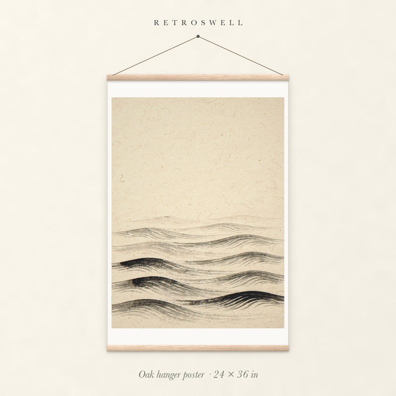 Layered Waves Ink Style oak hanger poster, 24 by 36 inches, with natural wood rails and a hanging cord.