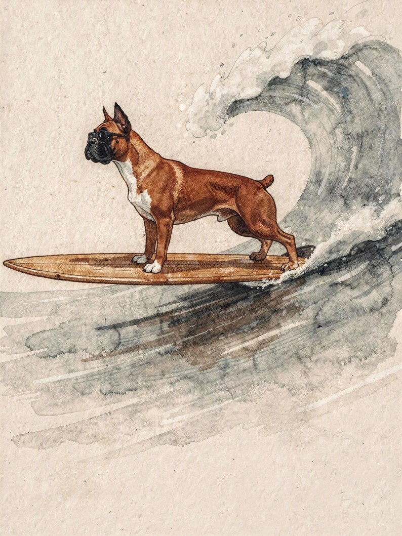 Boxer surfing art, full artwork: watercolor and ink dog in sunglasses on a wooden longboard riding a curling wave.