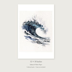 Indigo Barrel Wave Watercolor unframed 12 by 18 inch print on enhanced matte paper, shown with its white paper border.