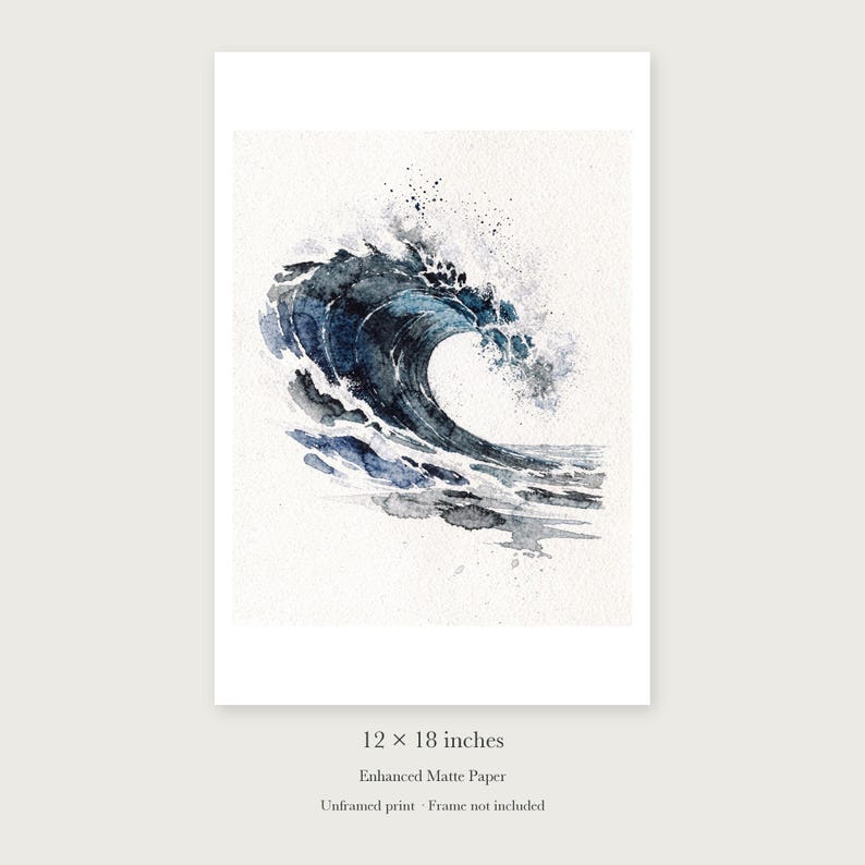 Indigo Barrel Wave Watercolor unframed 12 by 18 inch print on enhanced matte paper, shown with its white paper border.