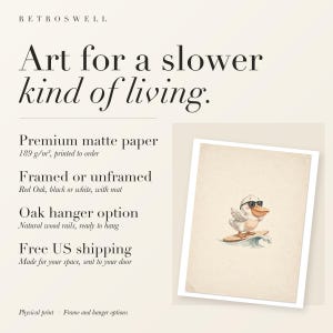 RetroSwell print details for Pelican Surfing: premium 189 g/m² matte paper, framed or unframed, oak hanger option, free US shipping.