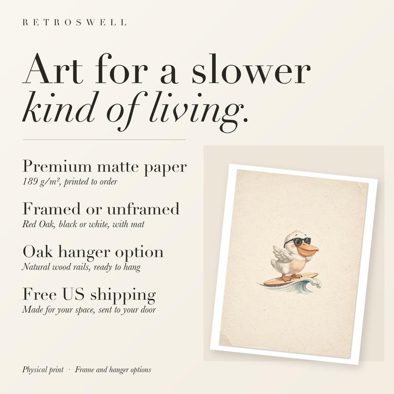 RetroSwell print details for Pelican Surfing: premium 189 g/m² matte paper, framed or unframed, oak hanger option, free US shipping.