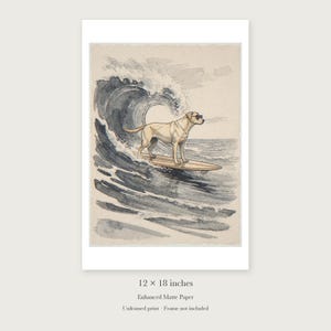 Labrador Surfing unframed 12 by 18 inch print on enhanced matte paper, shown with its white paper border.