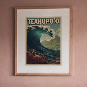 Teahupo'o Surf Travel Poster print in a Red Oak frame with a white mat, hanging above the headboard in a calm bedroom.