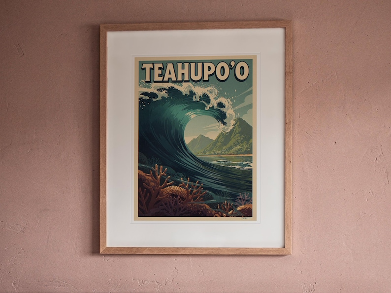 Teahupo'o Surf Travel Poster print in a Red Oak frame with a white mat, hanging above the headboard in a calm bedroom.