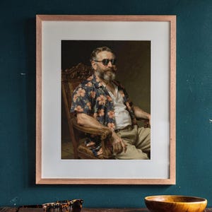 Ulysses S. Grant Surfer printable art, shown printed in a Red Oak frame with a white mat, hanging above the desk in a green study.