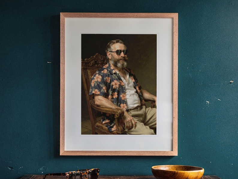 Ulysses S. Grant Surfer printable art, shown printed in a Red Oak frame with a white mat, hanging above the desk in a green study.