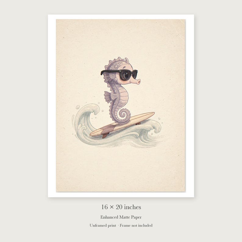 Seahorse Surfing unframed 16 by 20 inch print on enhanced matte paper, shown with its white paper border.