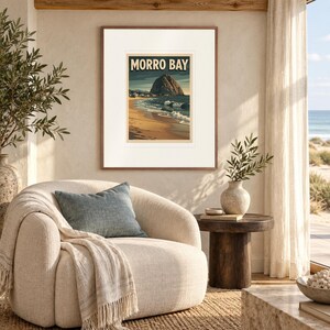 Morro Bay Surf print in a Red Oak frame with a white mat in a light-filled coastal sitting room.