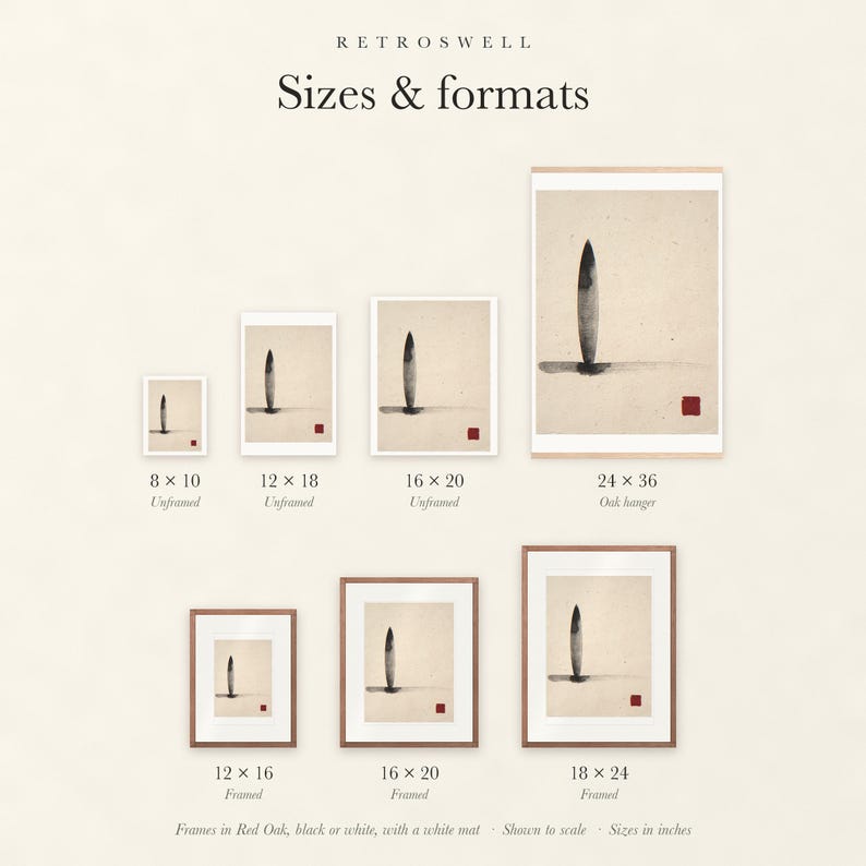 Sizes and formats for Longboard Ink Style, shown to scale: unframed prints, oak hanger and framed prints.